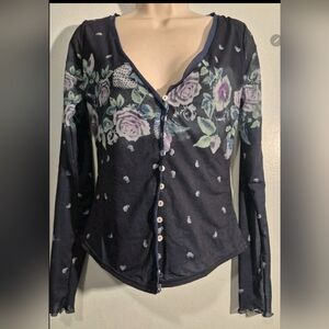 Free People Navy Home Grown Mess Cardi Floral Women's Sz XS Boho Trendy Girly